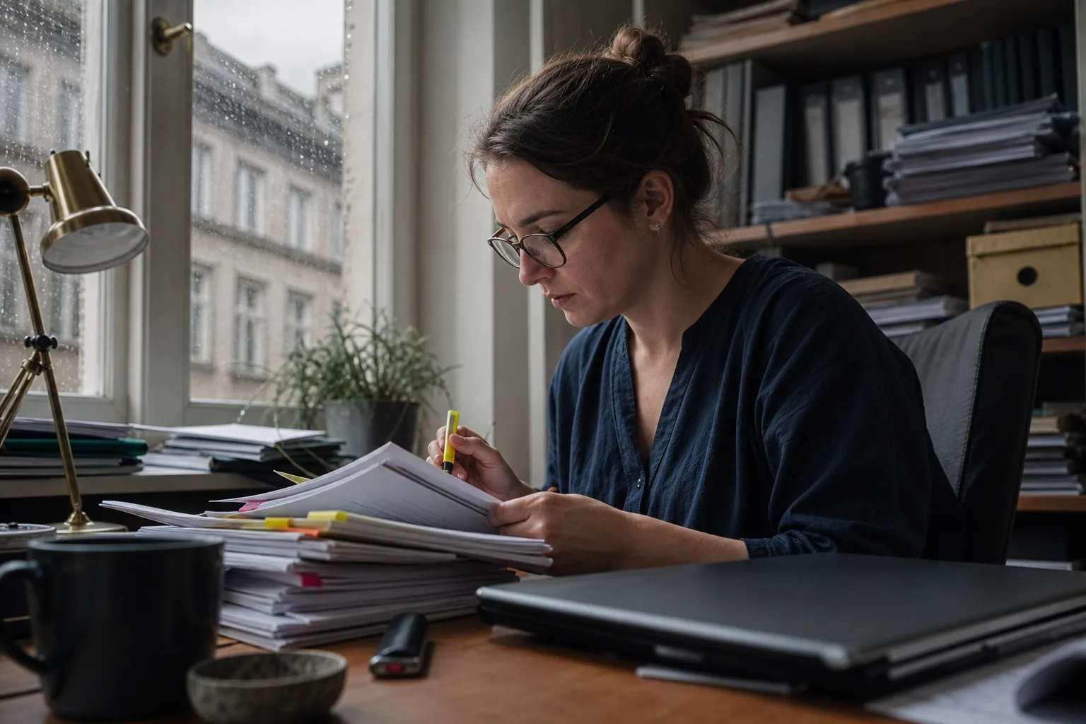 Analityczka funduszu przy biurku z wydrukami sprawozdań finansowych spółek