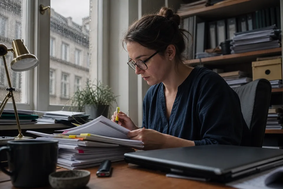 Analityczka funduszu przy biurku z wydrukami sprawozdań finansowych spółek
