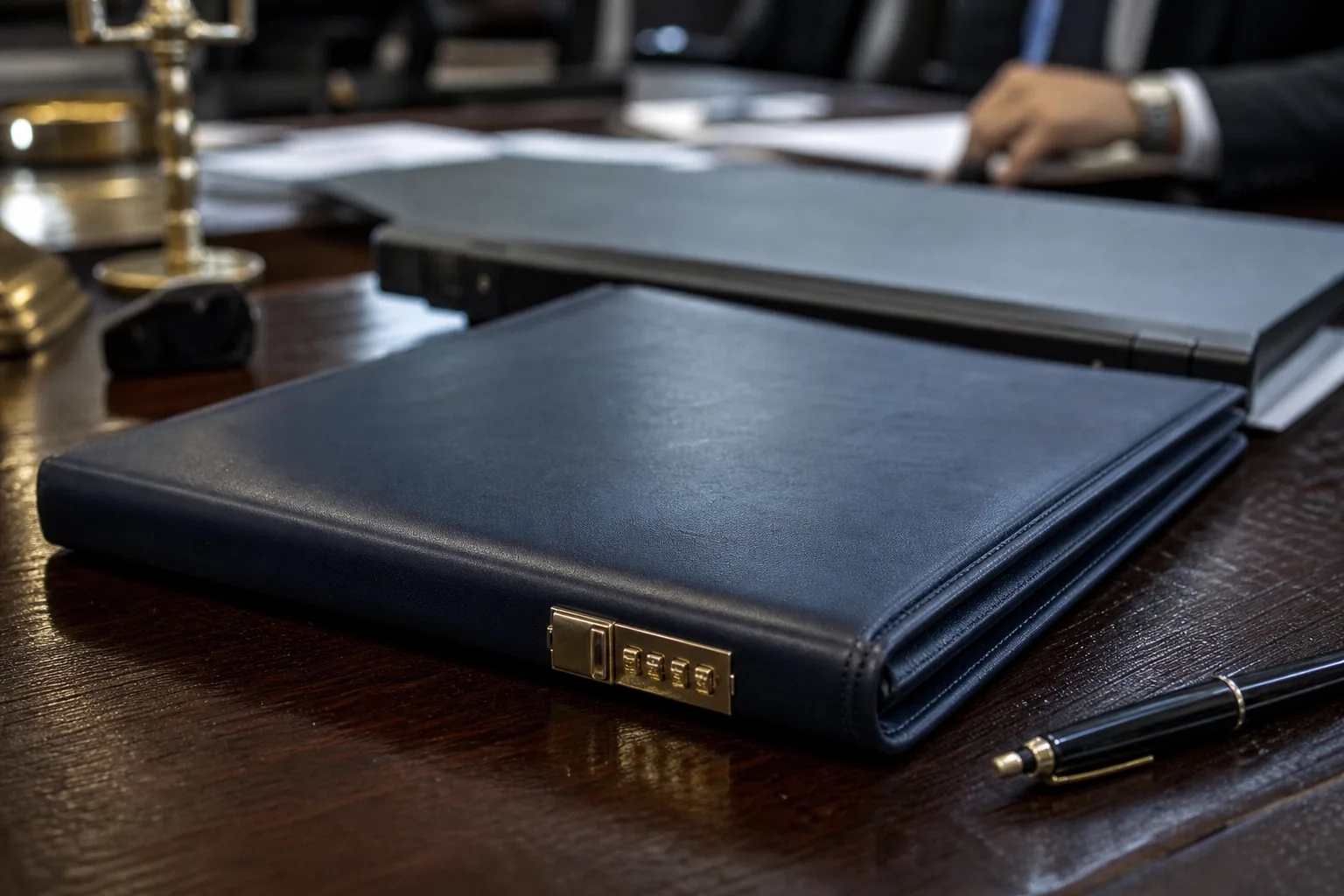 Zamknięta teczka z dokumentami firmy i kłódka szyfrowa na biurku obok laptopa