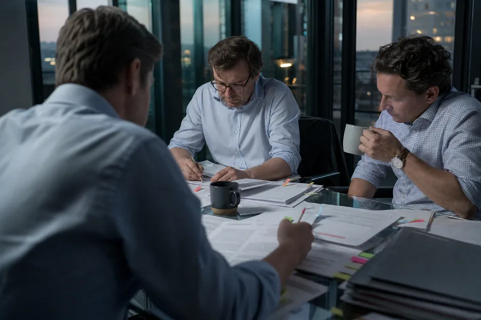 Troje analityków funduszu w przeszklonej sali przegląda wydruki sprawozdań spółek z kolorowymi zakładkami