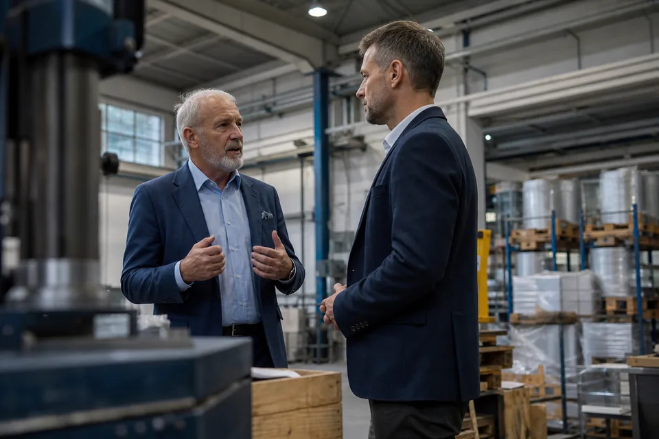 Właściciel firmy produkcyjnej po sześćdziesiątce rozmawia z młodszym mężczyzną w hali, obok maszyn i palet z towarem